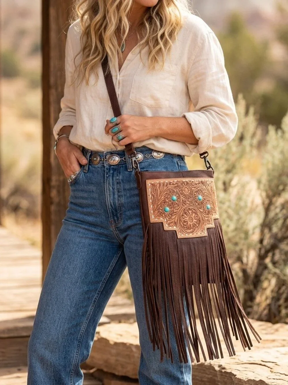 American Darling Boho Fringe Tooled Crossbody Bag